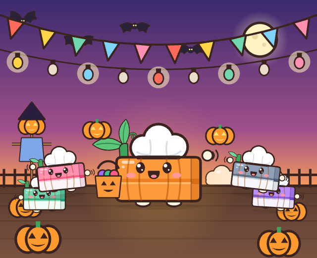 Pumpkin tissue box dancing on a pumpkin patch at dusk in Lucky Tissues Halloween