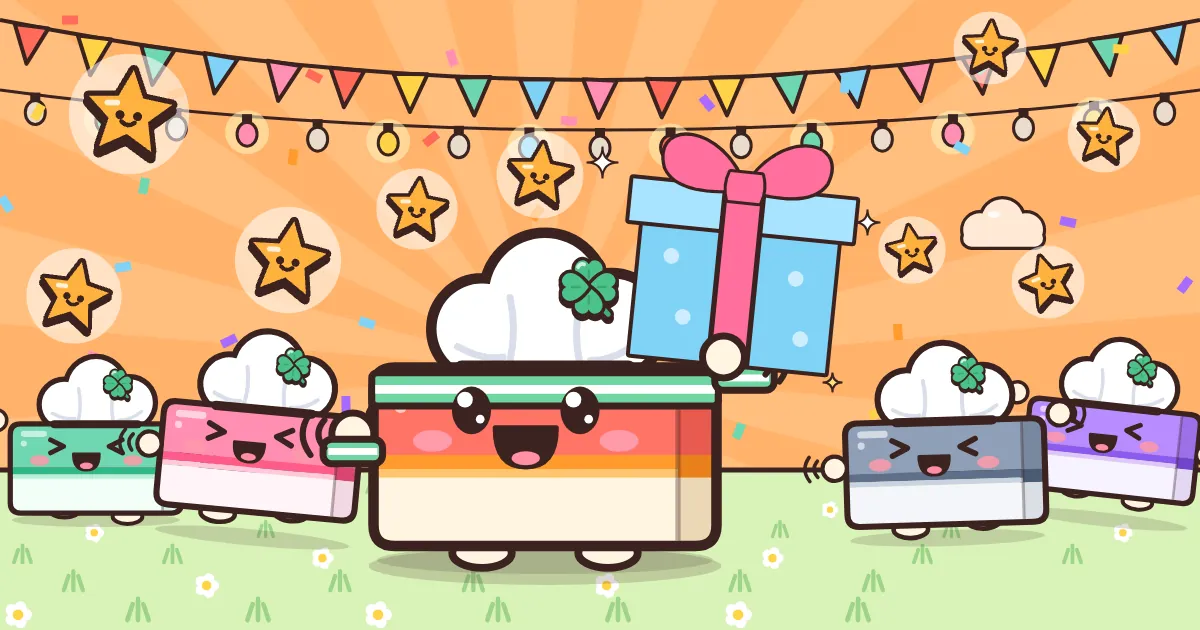 Christmas blessing gift from Lucky Tissues: a cartoon tissue box holding a present under smiling gold stars