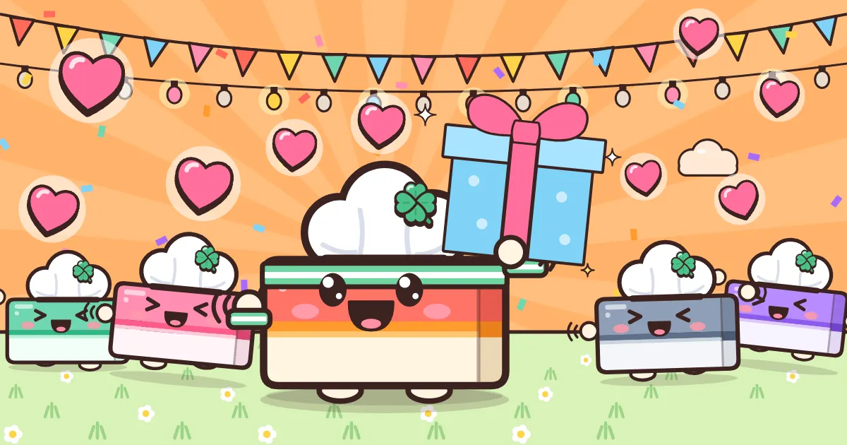 Thanksgiving blessing gift from Lucky Tissues: a cartoon tissue box holding a present under floating pink hearts