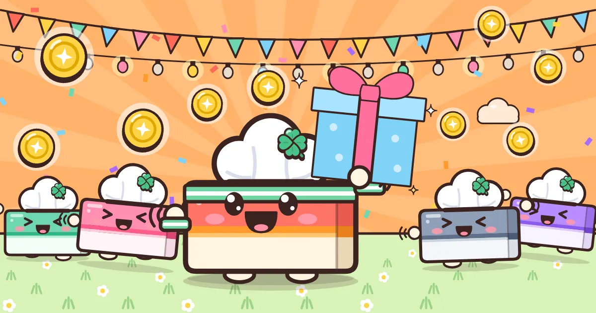 New Year blessing gift from Lucky Tissues: a cartoon tissue box holding a present under floating gold coins