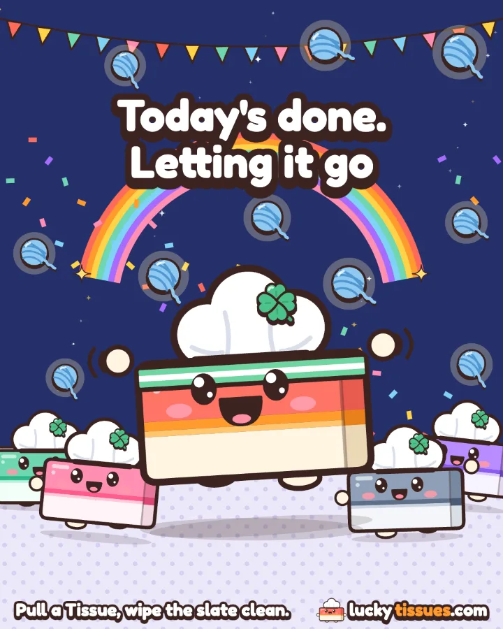 A Good Night card from Lucky Tissues that says You're gonna be okay. I promise, with a tissue box under a night sky and a rainbow